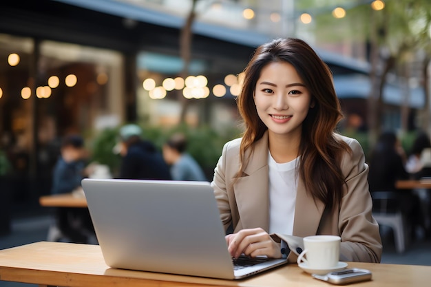 Joven sonriente profesional linda mujer de negocios asiática está sentada al aire libre en la calle de la ciudad en la mesa del café