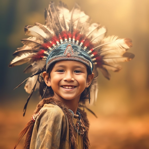 un joven sonriente que usa un gorro de guerra nativo americano sobre un fondo oscuro y borroso del bosque