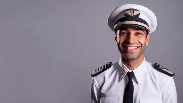 un joven sonriente con ropa de piloto frente al fondo gris oscuro