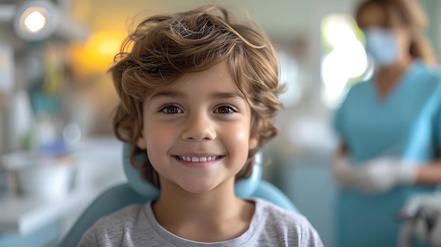 Un joven sonriente en la silla del dentista captura un momento de alegría concepto de salud y cuidado infantil AI