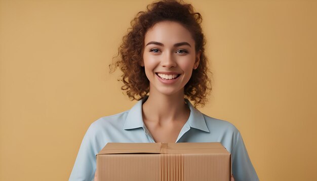 Foto joven sonriente sosteniendo una caja de cartón aislada en el concepto de entrega beige