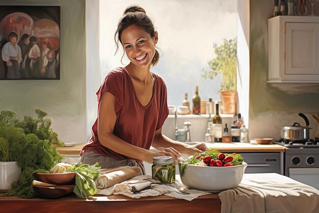 Foto una joven sonriente en su cocina