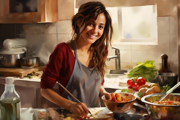 Foto una joven sonriente en su cocina