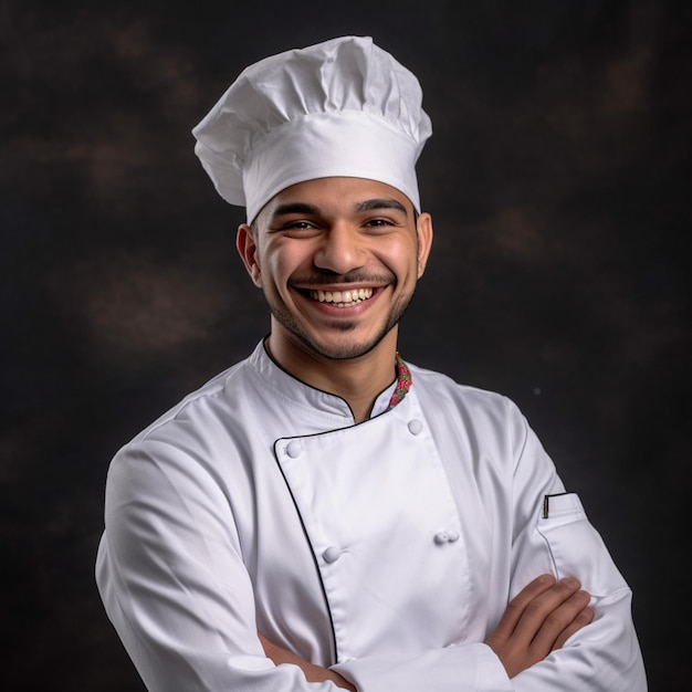 un joven sonriente vestido con ropa de chef frente a un fondo oscuro