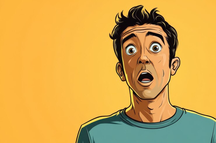 Un joven sorprendido con los ojos y la boca bien abiertos en una ilustración de dibujos animados contra un fondo azul azul
