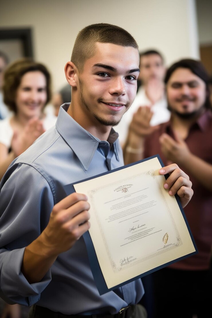 Joven sosteniendo un diploma con sus amigos en el fondo creado con ai generativo