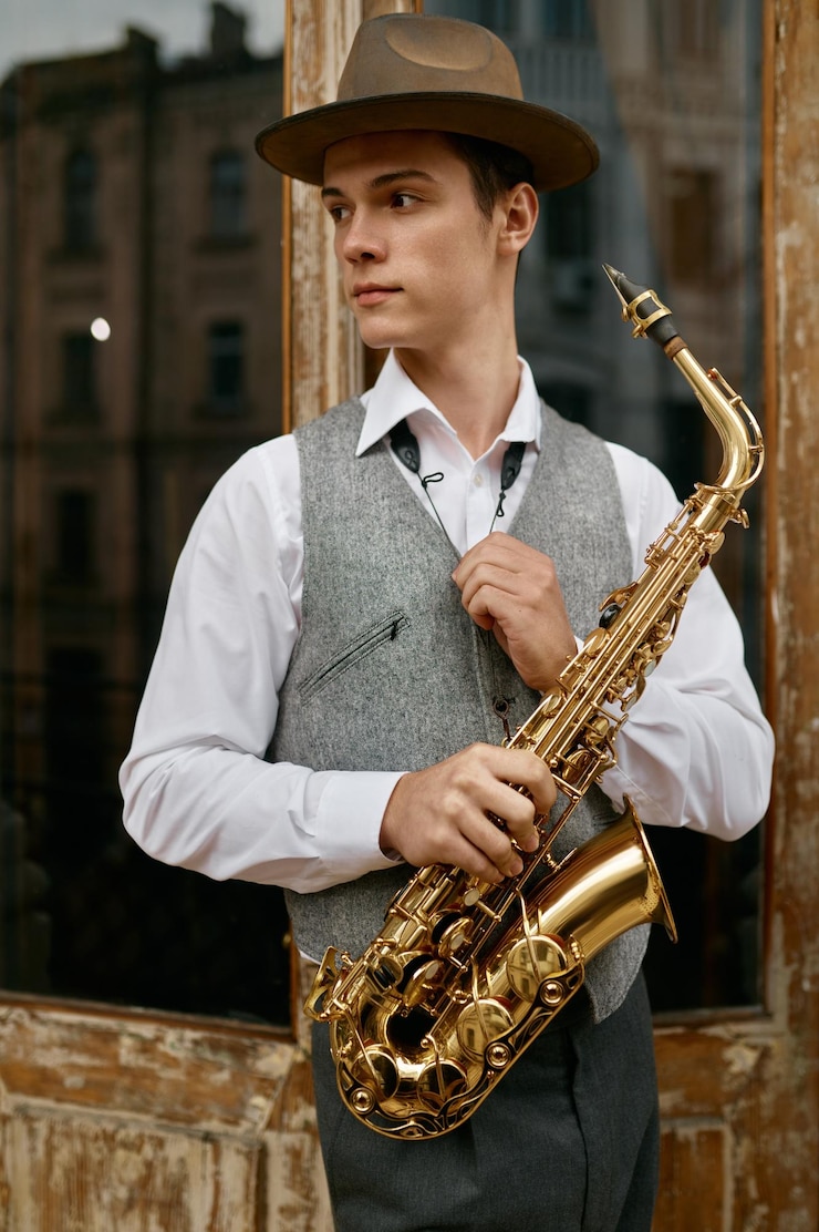 Foto joven sosteniendo saxofón de pie en la terraza del balcón en casa. práctica musical durante el tiempo libre de fin de semana