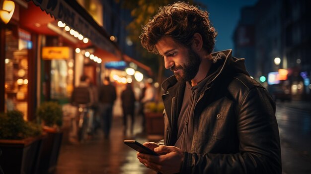 joven sosteniendo un teléfono inteligente con una luz brillante en la ciudad