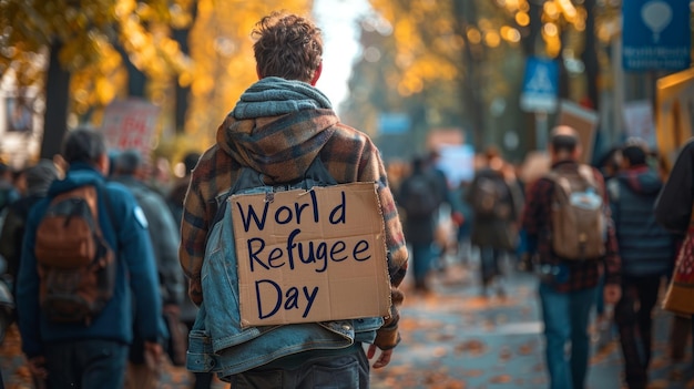 Un joven sostiene el cartel del Día Mundial de los Refugiados en una manifestación al aire libre