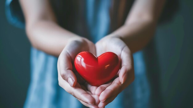 Una joven sostiene un corazón rojo en sus manos la chica lleva un vestido azul y el fondo está borroso