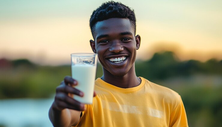 un joven sostiene un vaso de leche y sonríe