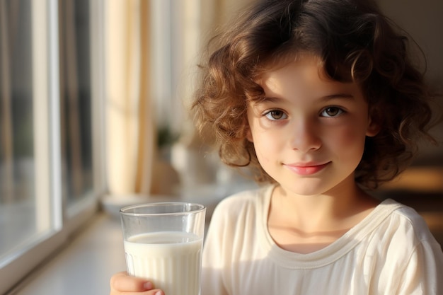 Una joven sostiene un vaso de leche