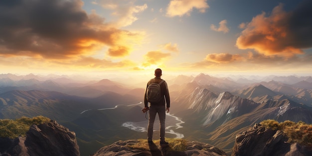 Joven subiendo la montaña admirando el paisaje.