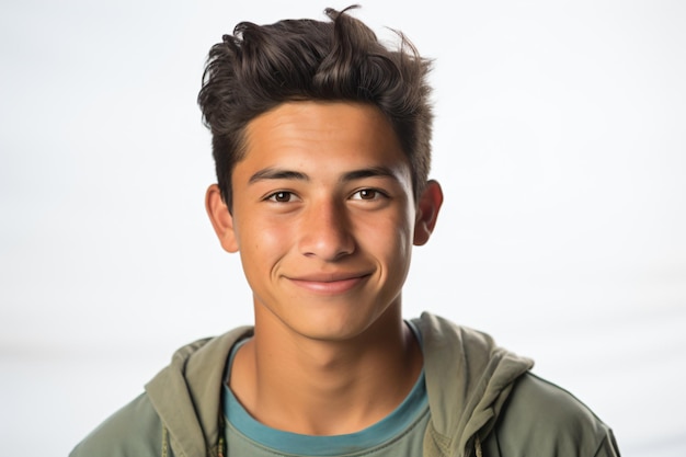 un joven con una sudadera verde y una sonrisa