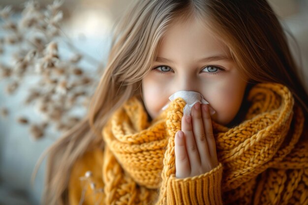 Foto joven con suéter amarillo soplando la nariz con un pañuelo en un momento sincero y relacionable