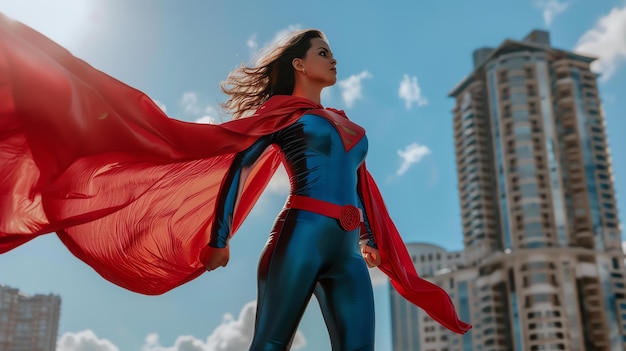 Foto una joven superheroína está de pie en un techo mirando hacia la ciudad ella lleva un traje azul y rojo y una capa roja