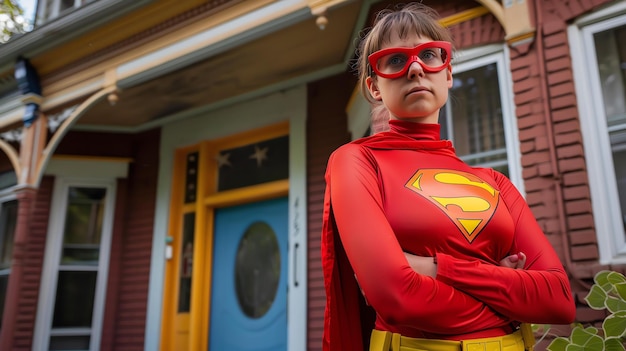 Una joven superheroína segura de sí misma de pie frente a una casa lleva un disfraz de superhéroe rojo y amarillo y una capa roja