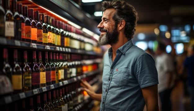 Un joven en un supermercado colorido y brillante junto a la sección de vinos sosteniendo una botella de vino