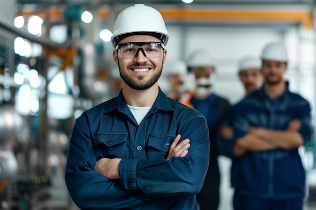 Joven supervisor de planta confiado liderazgo del equipo industrial