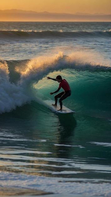 Joven Surfeando en Gran Ola al Atardecer Truco Complejo y Luz Dorada