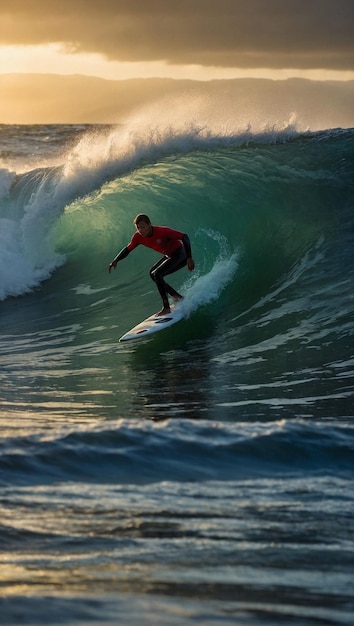 Joven Surfeando in Gran Ola al Atardecer Truco Complejo und Luz Dorada