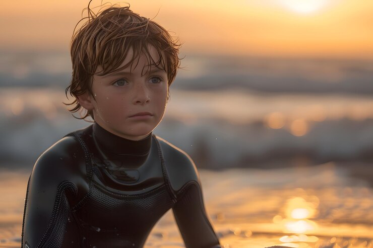 Un joven surfista contemplando las olas al atardecer