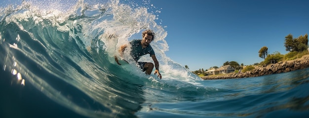 Un joven surfista profesional está montando una ola en el océano