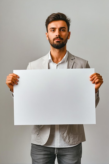 Joven con una tabla blanca en blanco