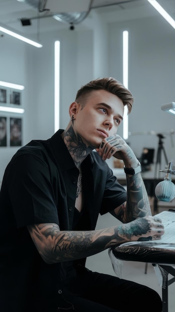 Joven tatuador mirando soñadoramente a la cámara pasando tiempo en un moderno estudio de tatuajes