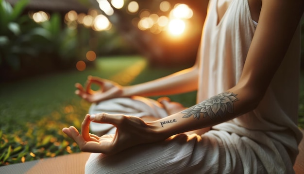 Joven con un tatuaje de paz en el brazo practicando yoga