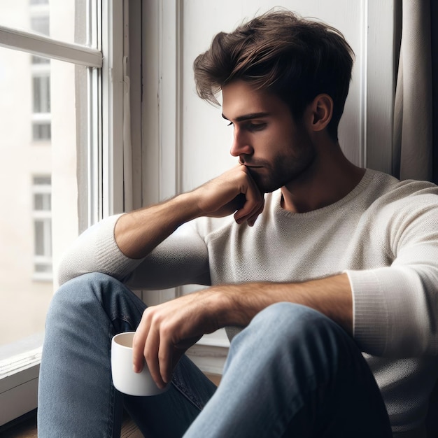 Un joven con una taza sentado junto a la ventana