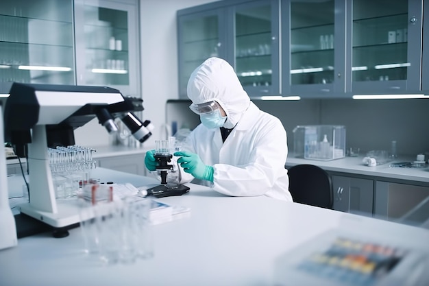 Un joven técnico de laboratorio con una bata de laboratorio y gafas trabajando en un microscopio