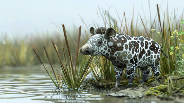 Foto un joven ternero de tapir está en el agua en la orilla de un río el ternero es marrón y blanco con un largo hocico y un pequeño tronco