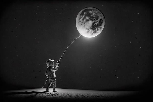 Foto un joven tira de la luna al alcance de la mano con una cuerda.