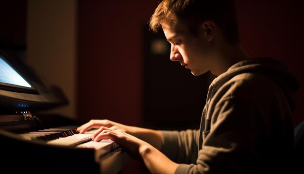 Foto un joven toca el piano en una habitación oscura.