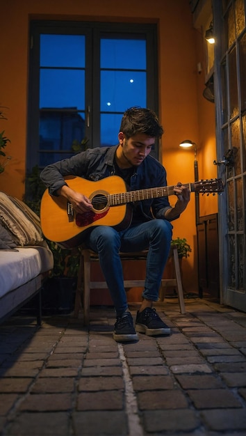 Joven tocando guitarra en el balcon durante el crepusculo con ciudad iluminada de fondo (Junge spielt Gitarre auf dem Balkon während des Sonnenuntergangs in einer vom Himmel beleuchteten Stadt)