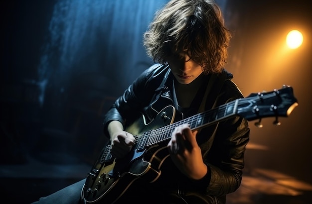 joven tocando la guitarra con fondo oscuro