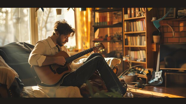 Un joven tocando la guitarra en su casa está sentado en un sofá frente a una ventana