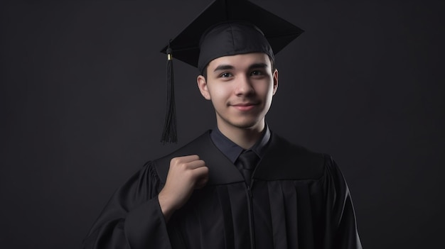 Un joven con toga y birrete de graduación se para frente a un fondo negro.