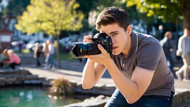 Un joven tomando una foto en serio