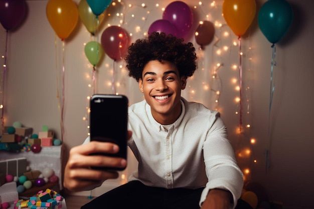 Foto un joven está tomando una foto de su teléfono con las palabras feliz cumpleaños.