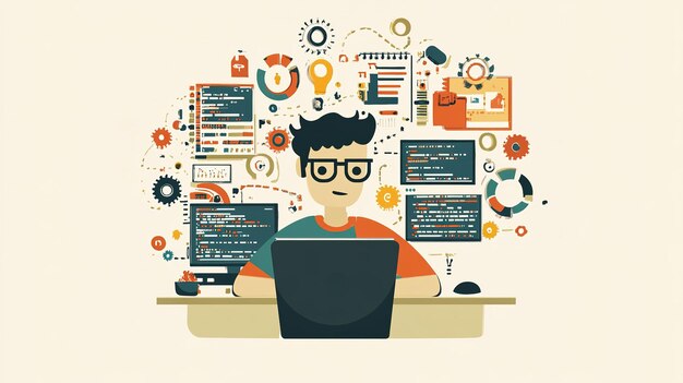 Un joven trabaja en la codificación en un escritorio rodeado de elementos digitales y símbolos de programación en un espacio de trabajo creativo