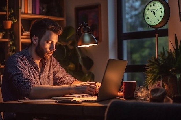 Joven trabaja en una computadora en la oficina Freelancer trabajando desde una computadora portátil Concepto de educación empresarial IA generativa