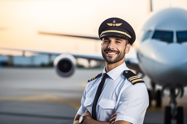 Un joven trabajador de una aerolínea alegre tocando el sombrero del capitán y sonriendo mientras está de pie en el aeródromo con el avión en el fondo