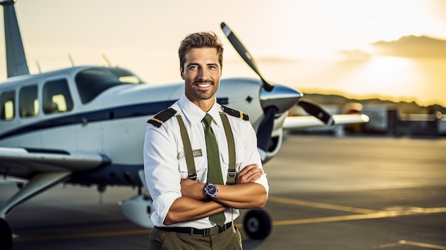 Un joven trabajador de una aerolínea alegre tocando el sombrero del capitán y sonriendo mientras está de pie en el aeródromo con el avión en el fondo