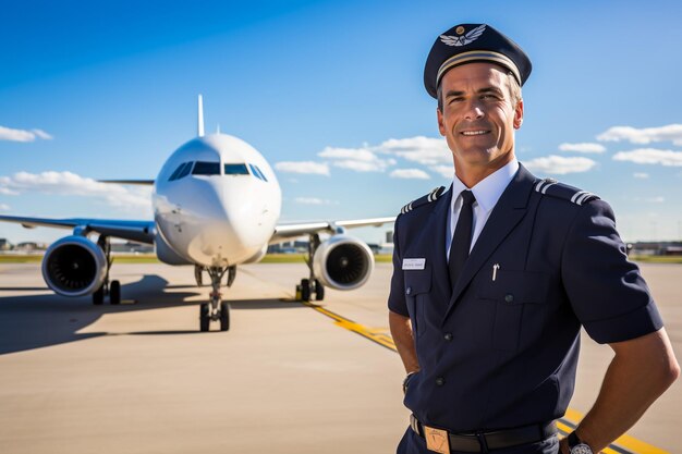 Foto un joven trabajador de una aerolínea alegre tocando el sombrero del capitán y sonriendo mientras está de pie en el aeródromo con el avión en el fondo