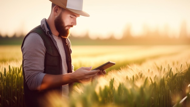 Un joven trabajador agrícola usa una tableta en el campo.