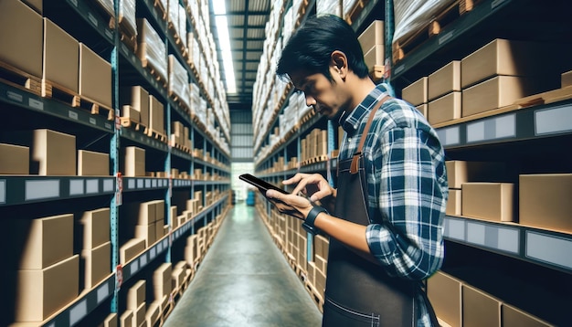 Un joven trabajador de un almacén se centra en comprobar los niveles de inventario usando una tableta digital en medio de filas de estantes organizados