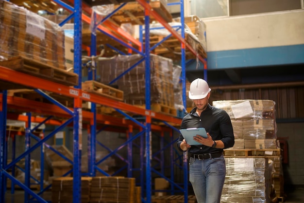 Joven trabajador con casco revisando el inventario y contando el producto en el estante en un almacén moderno