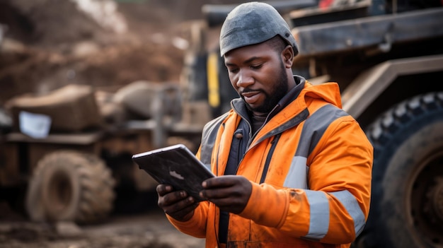 Un joven trabajador de la construcción minera africano negro con una tableta digital IA generativa